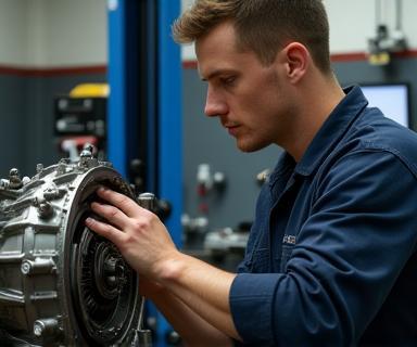 Mechanic at Advance Transmissions working on a vehicle transmission